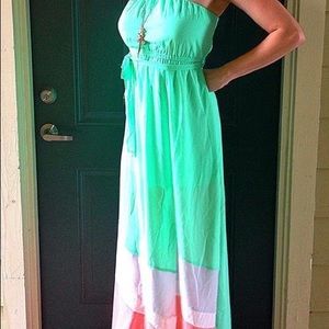 Green, pink, and cream strapless maxi dress